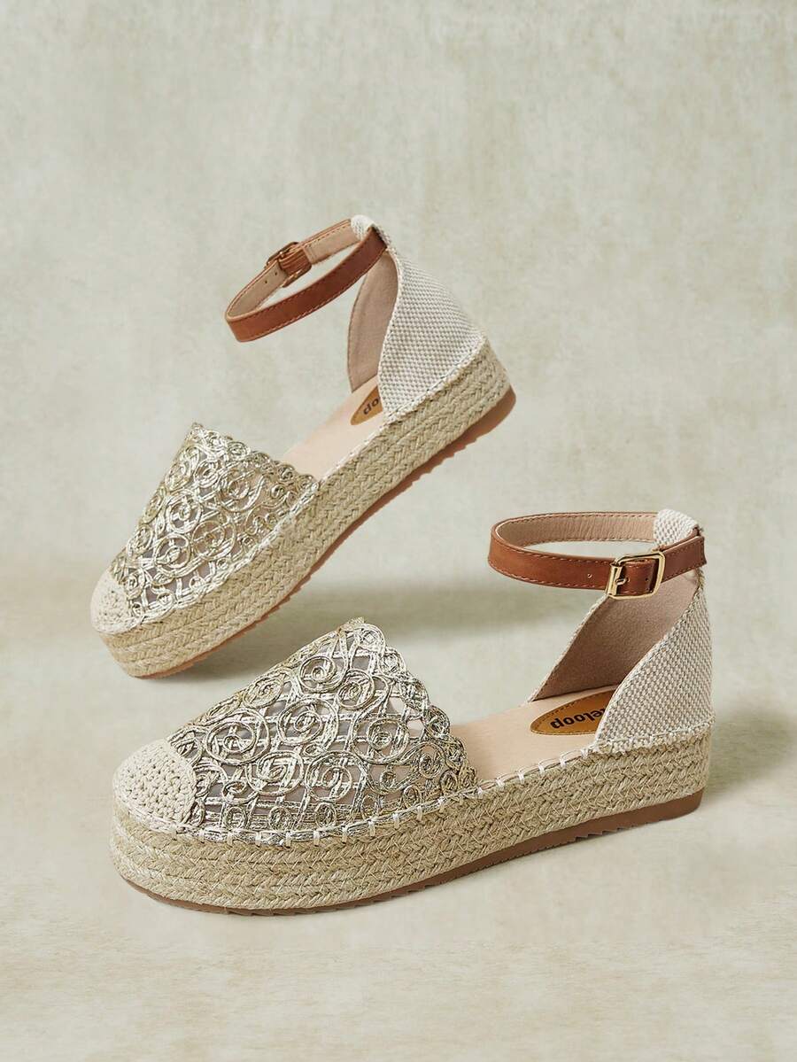 Styleloop Ladies Retro Gold Vacation Hollow Woven Pull-Up Belt Hemp Rope Platform Shoes - Gold - View 1