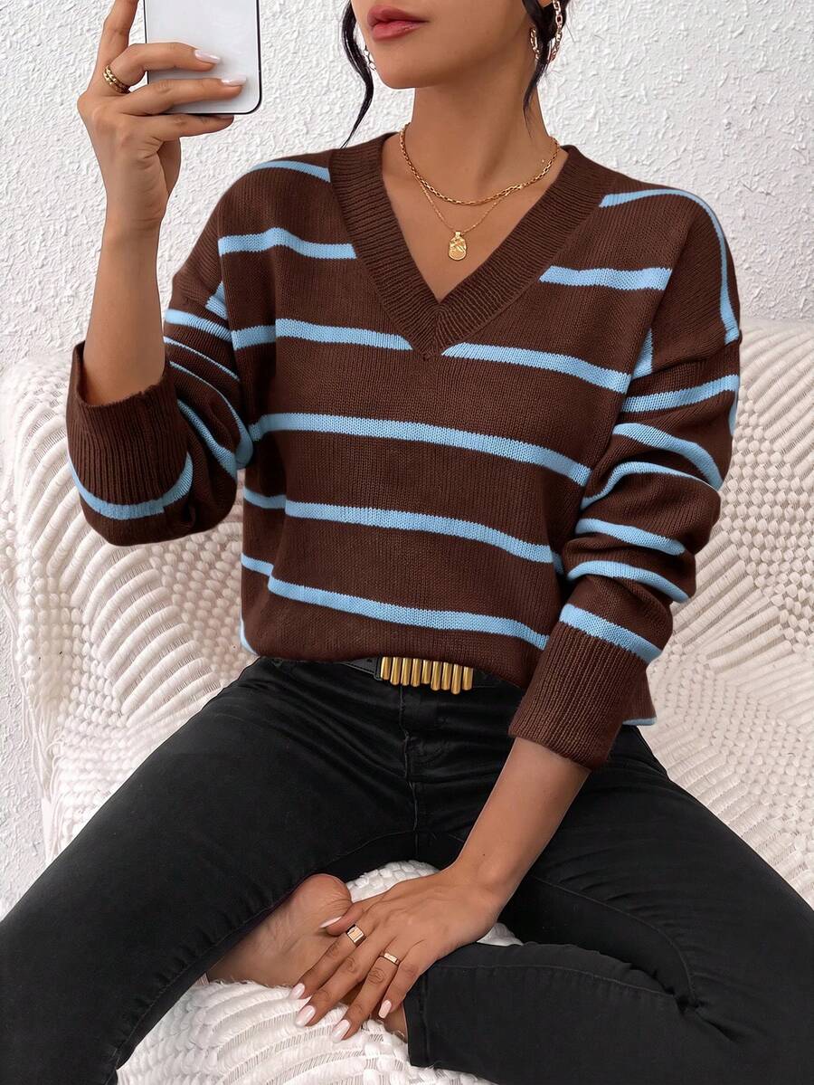 SHEIN Frenchy V Neck Striped Pattern Drop Shoulder Sweater,Knitted Sweater In Fall/Winter - Sky Blue - View 1