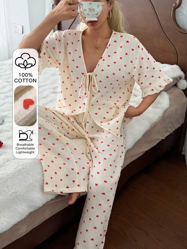 DAZY Women's Heart Print Front Tie Short Sleeve Top And Pants Pajama Set