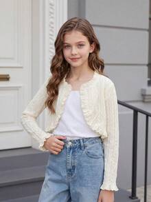 Cárdigan de punto de unicolor con textura y dobladillo con volantes para niñas, top de diseño minimalista para uso diario y casual - Albaricoque - Ver 1