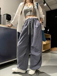 DAZY 女款休閒條紋寬鬆韓系拼色二合一長褲 秋季 - 黑色 - 查看 7