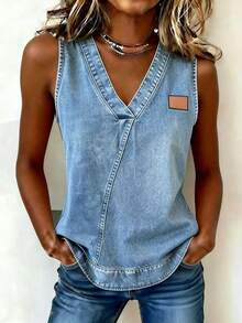 EMERY ROSE New Arrival Bestselling Denim Effect Print Regular Fit Women Top - Blue - View 6