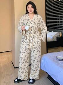 Dazy Plus 大尺碼女款花卉印花長袖單排扣上衣與長褲睡衣套裝 秋季 - 杏色 - 查看 5