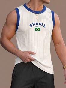ROMWE MEN Brazilian Print Colorblock Casual Camisole, Slim Fit Athletic Casual Cropped Top, Suitable For Summer Wear - White - View 1