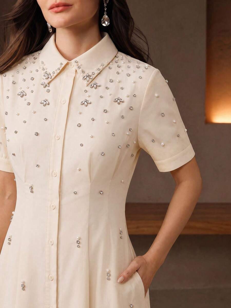 Anewsta Summer New Style Lapel Bead & Rhinestone Decor Waist-Defining Fashion Casual Versatile Shirt Dress - Beige - View 1