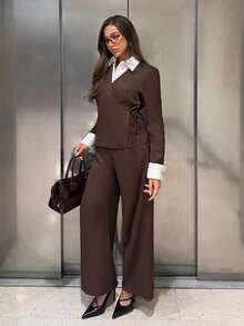 Siren Gaze Chic Two-Piece Suit Set For Women Featuring A Belted V-Neck Jacket And Straight-Leg Wide-Leg Trousers-Versatile For Office, Casual Teachers' Day - Brown - View 3