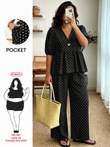 SHEIN CURVE+ 大尺碼波點荷葉邊泡泡袖兩件套，V領上衣搭配鬆緊腰，2026冬季 22W - 黑色 - 查看 1