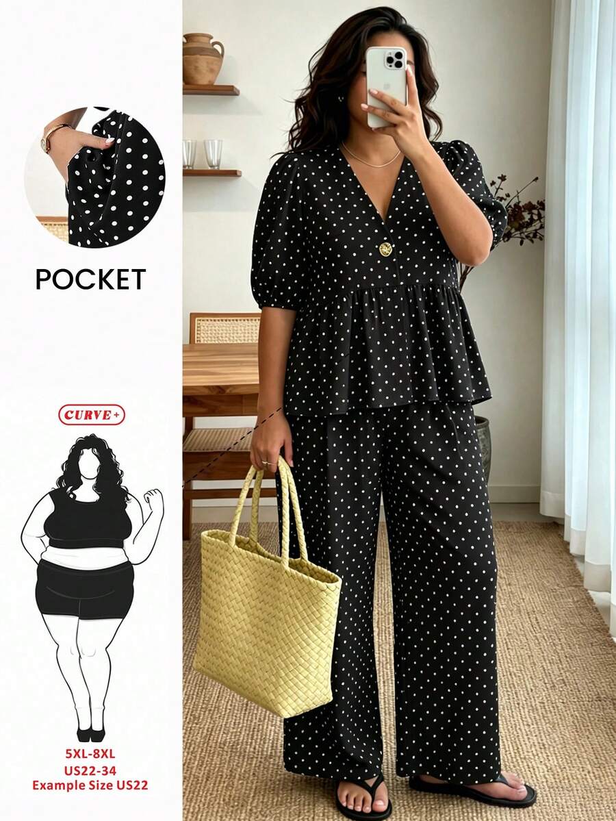 SHEIN CURVE+ 大尺碼波點荷葉邊泡泡袖兩件套,V領上衣搭配鬆緊腰,2026冬季 22W - 黑色 - 查看 1