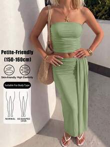 SHEIN PETITE Set Atasan Jala Model Bandeau & Rok Pinggang Rendah - Mint Green - View 9