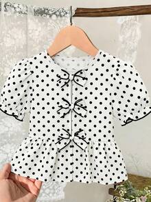 SHEIN LMoss Kids 女童休閒梭織圓領短袖波點套頭上衣 - 白色 - 查看 5