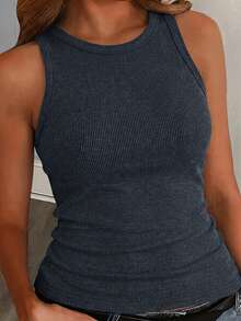 Slaydiva Plus Size Summer Casual Versatile Tank Top - Blue - View 1