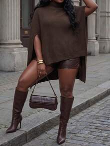 Slaydiva Plus Size Autumn/Winter Fashion Solid Color Stand Collar Cape Knit Dress - Brown - View 10