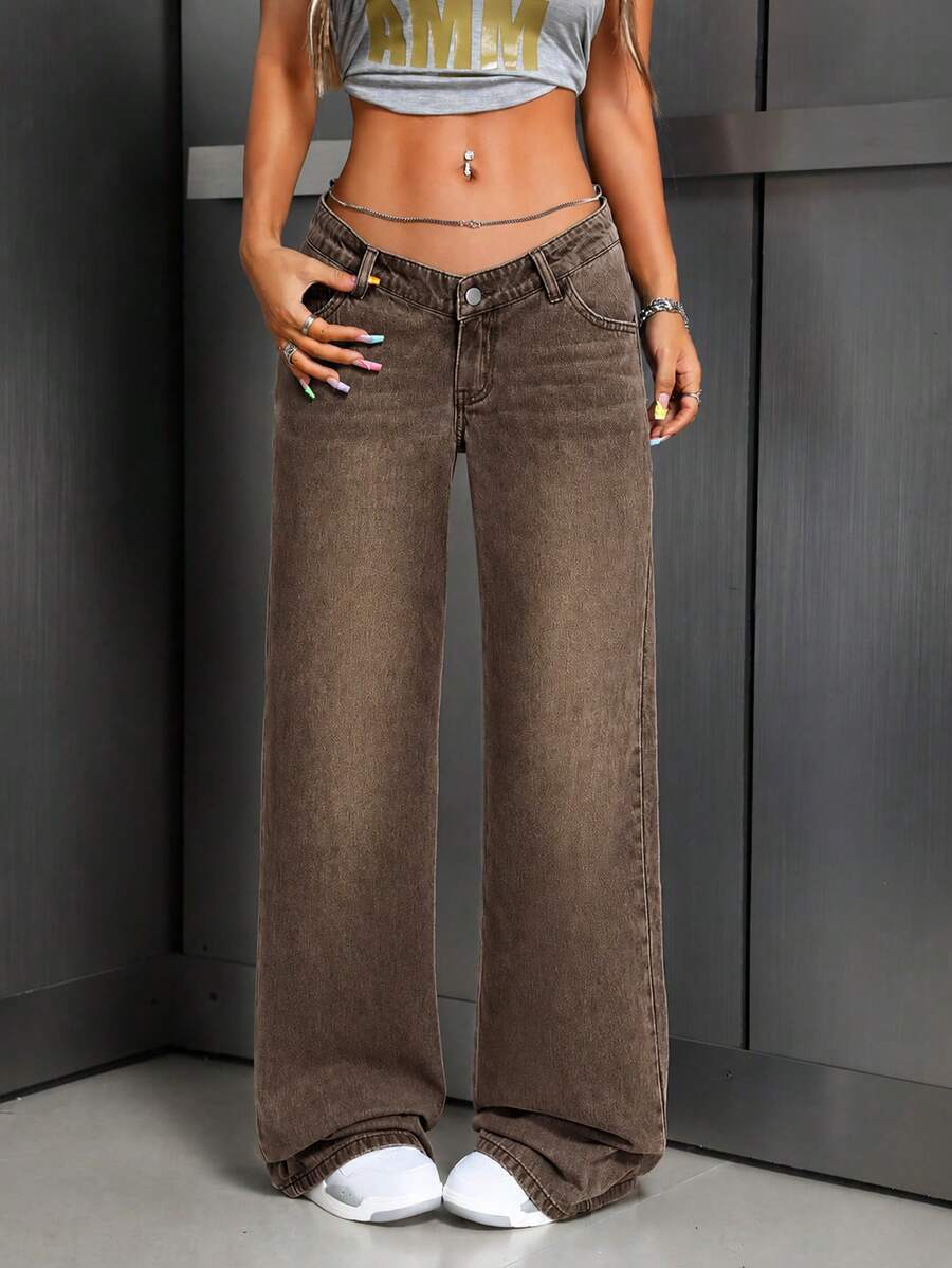 SHEIN ICON 女款休閒百搭日常穿著牛仔褲,附口袋與鈕扣 - 棕色 - 查看 1