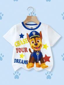SHEIN | PAW Patrol 男童休闲圆领卡通字母印花短袖T恤，百搭日常穿着 - 白色 - 查看 1