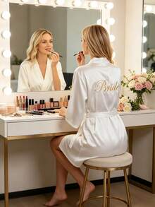 Cirelle 1pc Satin Bride Robe With Gold Embroidery - Soft Silk Kimono Bridal Robe For Women - Short White Bathrobe Loungewear For Wedding Day, Bridal Party & Getting Ready - White - View 11