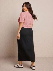 Elaquor Plus Size Solid Color Street Style Front Slit Cami Dress And Criss-Cross Knit Top 2-Piece Set - Pink - View 2