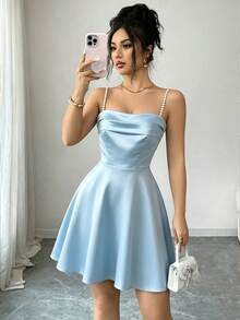 Elenzga New Arrival Spaghetti Strap Shiny Fabric Elegant Commuter Versatile Daily Wear Bodycon Mini Dress For Women - Blue - View 3