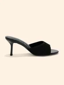 CUCCOO BASICS Women's Black Knitted Stiletto Heeled Mules Open Toe Sandals - Black Stripe - View 5