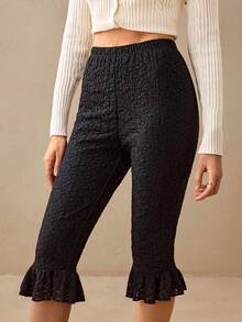 Willow Rêve Women's Black Fitted Lace Capris With Ruffle Hem, Romantic Elegant Flowy 1970s Boho Style Capri Pants For Date Night Brunch Tea Party And Vacation - Black - View 3