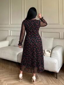 Feyla Plus Size Vintage Floral Print Bow Decor Dress - Black - View 2