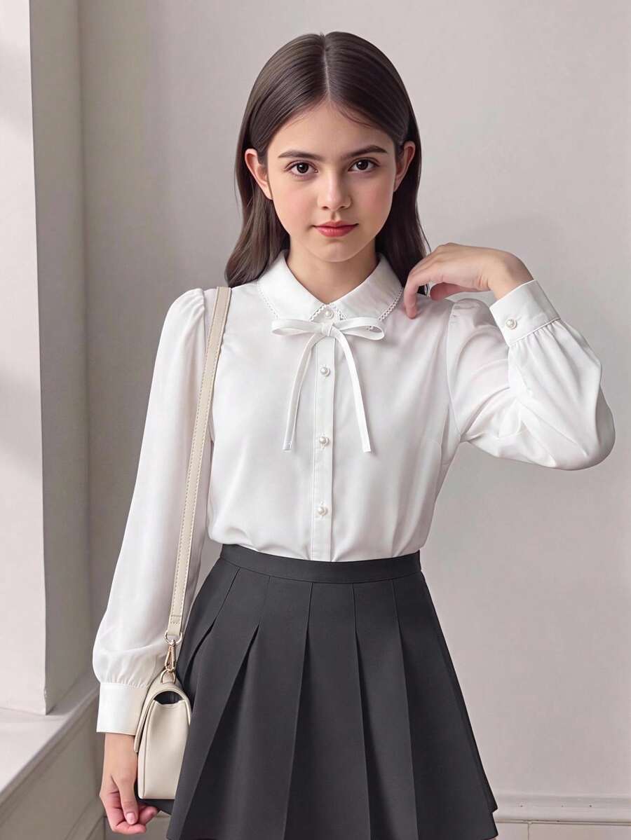 Girlism Tween女孩秋季寬鬆休閒簡約舒適日常上學穿搭白色荷葉邊裝飾泡泡袖優雅波浪邊前開扣襯衫長袖上衣返校季 - 白色 - 查看 1