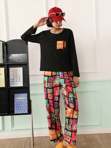 Chillnights Young Cartoon Colorblock Crew Neck Pullover Women's Pajama Set - Multicolor - View 3