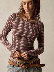 Bohemela Women's Striped Knit Long Sleeve Slim Fit T-Shirt - Burgundy - View 2