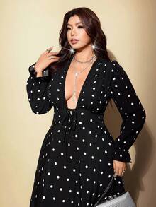 Viva Relle Plus-Size Women's Sexy Deep V-Neck Polka Dot Long Dress Fall - Black - View 3