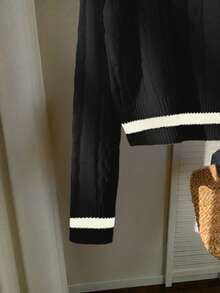 Franclia Contrast Trim Simple Long Sleeve Embroidered Horse Head Polo Collar Knit Sweater Preppy Tops - Black - View 3