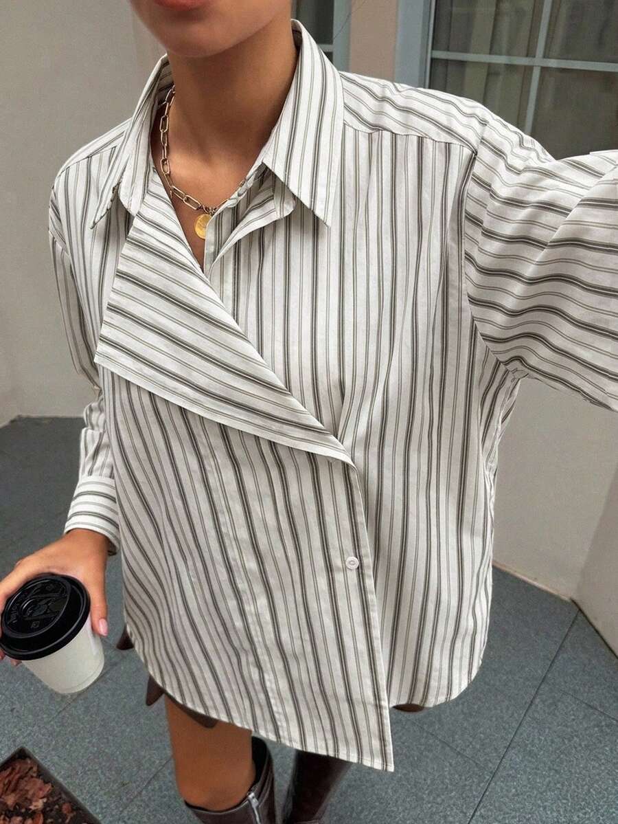DAZY 女款夏季寬鬆休閒風長袖 2 合 1 領口直條紋布料襯衫 - 卡其色 - 查看 1