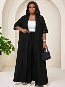 SHEIN Lady Plus Size Mesh Patchwork Cardigan And Drawstring Waist Textured Pants 2 Pieces Set - Black - View 5