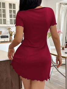 SHEIN 女款夏季短袖休閒字母印花Ins風睡裙 - 酒紅色 - 查看 2