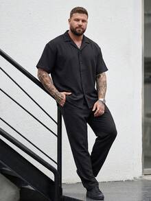 DRIVNCORE Plus Size Men's Shirt Set,Black,Summer,Casual,Vacation Bubble Crinkle Fabric Mandarin Collar Shirt&Drawstring Matching Pants Set,Formal Wedding Guest - Black - View 4