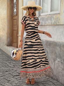 Brillora Spring/Summer Vacation V-Neck Half-Button Textured Fabric Women's Short Sleeve Loose Fit Dress Beach Brown Zebra Print Bell Bottom Boho Tropical - Apricot - View 1
