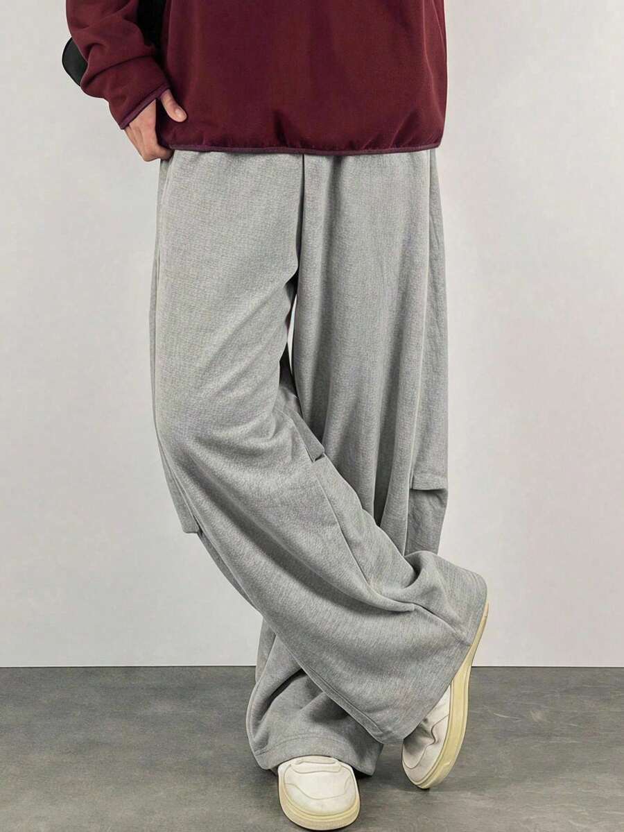 DAZY Men's Long Grey Knee Pleated Design Elastic Waist Loose Wide Leg Sweatpants - Grey - View 1
