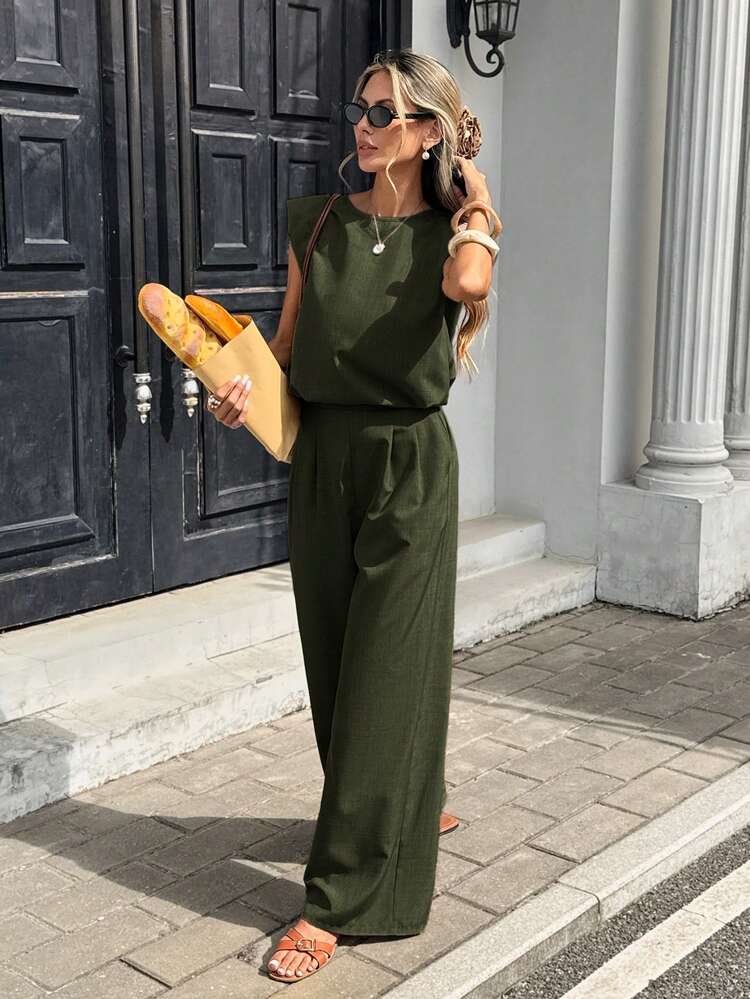 Serisse Women's Solid Color Round Neck Shirt And Pants Casual 2 Pieces Set - Army Green - View 8