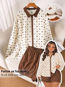 CosyJoli Plus Size Casual Commute All-Over Print Shirt And Shorts 2 Pieces Set Casual Floral Embroidered Two Piece Set For Women Casual Vacation Going Out Sets - Coffee Brown - View 1