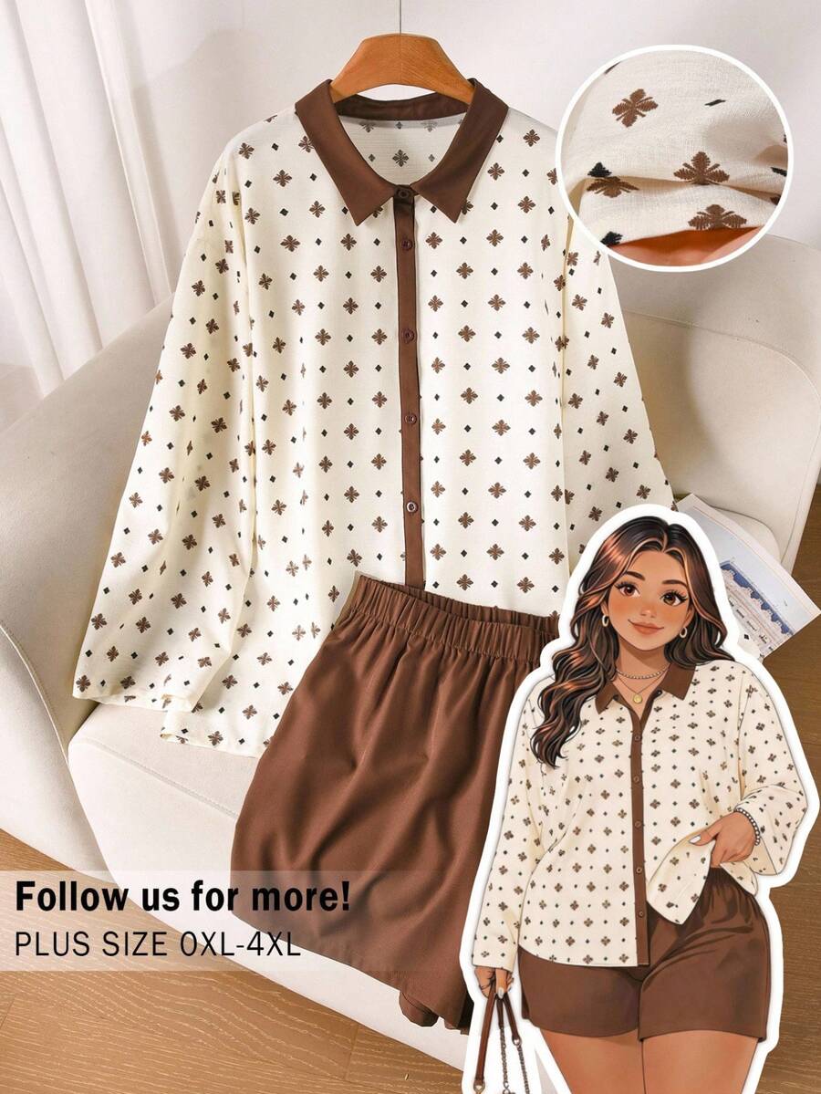 CosyJoli Plus Size Casual Commute All-Over Print Shirt And Shorts 2 Pieces Set Casual Floral Embroidered Two Piece Set For Women Casual Vacation Going Out Sets - Coffee Brown - View 1