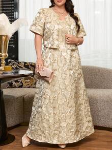 Reflora Plus Size Elegant Metallic Texture Pleated Cami Dress And Faux Pearl Button Top 2-Piece Set, - Gold - View 4