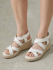Styleloop Women's Beige Floral Embroidered Rope Woven Wedge Platform Sandals, Bohemian Vacation Style - Beige - View 2