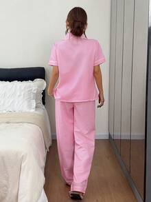 Napfluff Set Pakaian Rumah Motif Kotak-kotak Pink Kecil, Set 2 Potong Lengan Pendek dan Celana Panjang Sederhana - Berwarna merah muda - View 3
