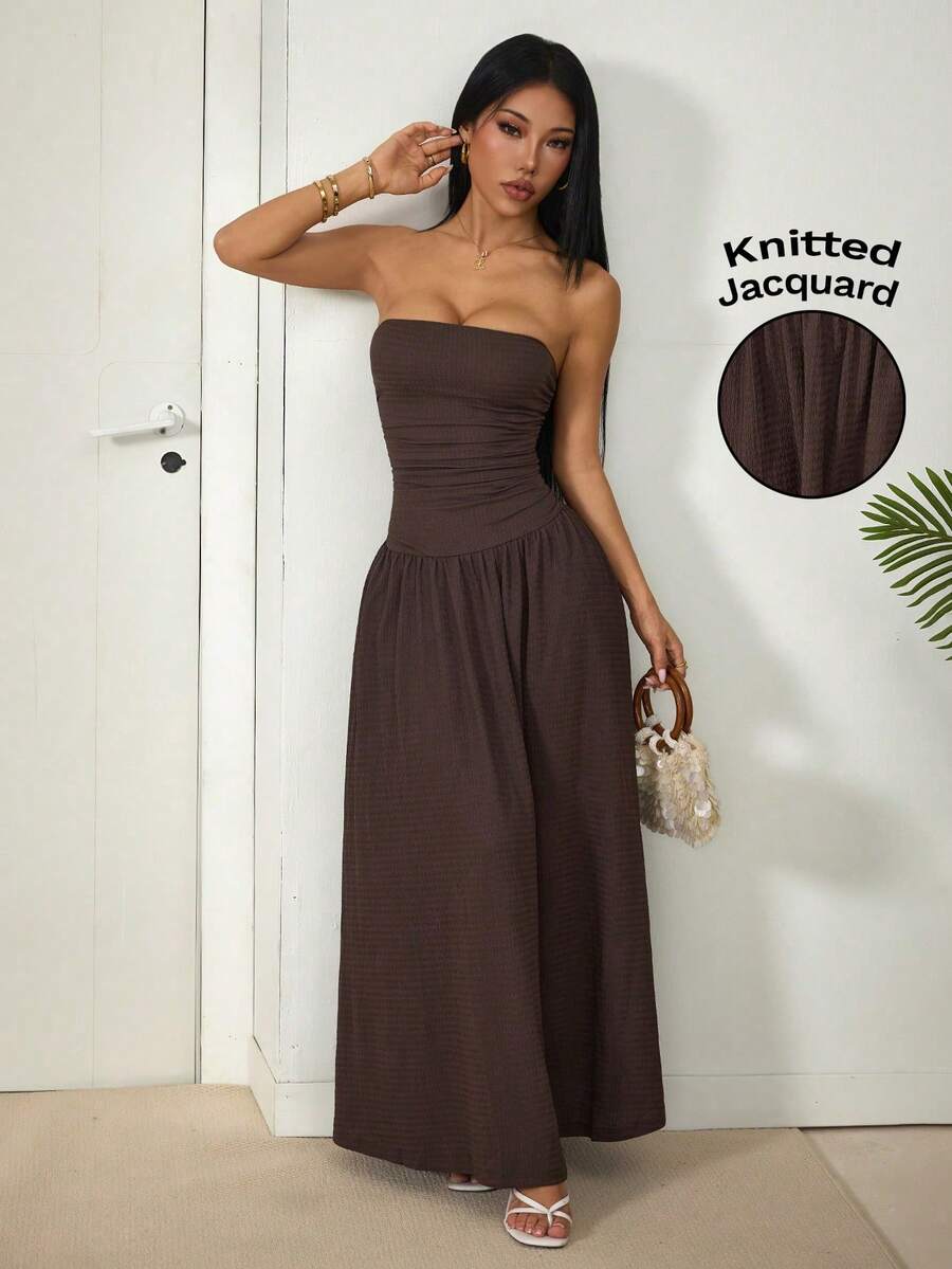 SHEIN PETITE Women's Fashionable, Versatile, Long Strapless Dress In Brown Textured Jacquard Fabric For Commute - Coffee - View 1