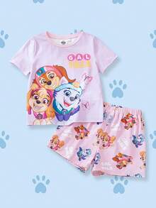SHEIN | PAW Patrol Young Girl Letter Print Round Neck Short Sleeve T-Shirt And Casual Shorts Pajama Set - Mauve Purple - View 1