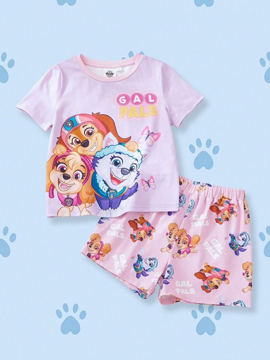 SHEIN | PAW Patrol Young Girl Letter Print Round Neck Short Sleeve T-Shirt And Casual Shorts Pajama Set - Mauve Purple - View 1