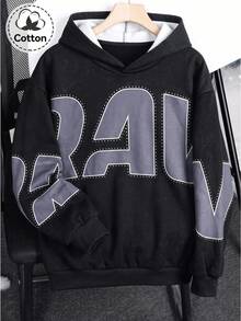 SHEIN 青少年男孩休閒極簡 Y2K 酷風雪花與大字母圖案嘻哈搖滾塗鴉運動風寬鬆舒適長袖運動衫，適合秋冬穿著 - 灰色 - 查看 2