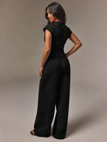 Athîral Women's Versatile Button Knit Top And Drawstring Waist Knit Pants 2 Pieces Set, Airport Casual Commute - Black - View 2