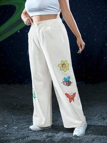 Rick and Morty X SHEIN Plus Cartoon & Letter Graphic Straight Leg Pants - Beige - View 5