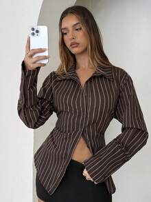 Aloruh 女款優雅休閒學院風棕色條紋鈕扣收腰襯衫，返校季教師秋季上衣，教師節辦公室早午餐穿搭 - 彩色 - 查看 7