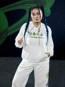 Rick and Morty X SHEIN 加大码标语卡通图案袋鼠口袋插肩袖抽绳卫衣 - 白色 - 查看 3
