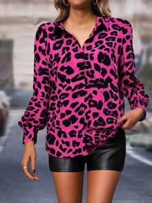SHEIN Clasi 女款豹紋長袖單排扣時尚襯衫 - 玫紅色 - 查看 4